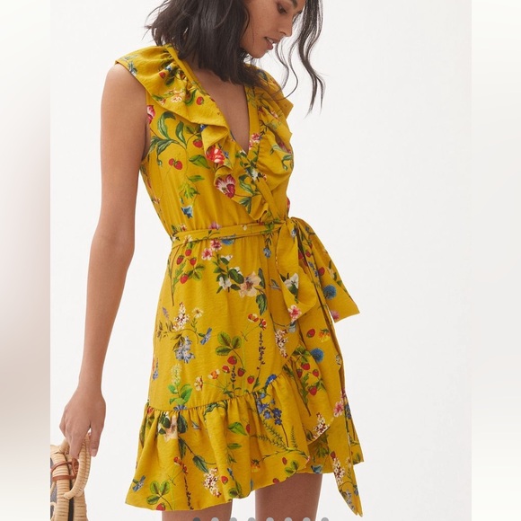Maeve Dresses & Skirts - Anthropologie Maeve Yellow Floral Wrap Mini Dress with Green & Blue Accents